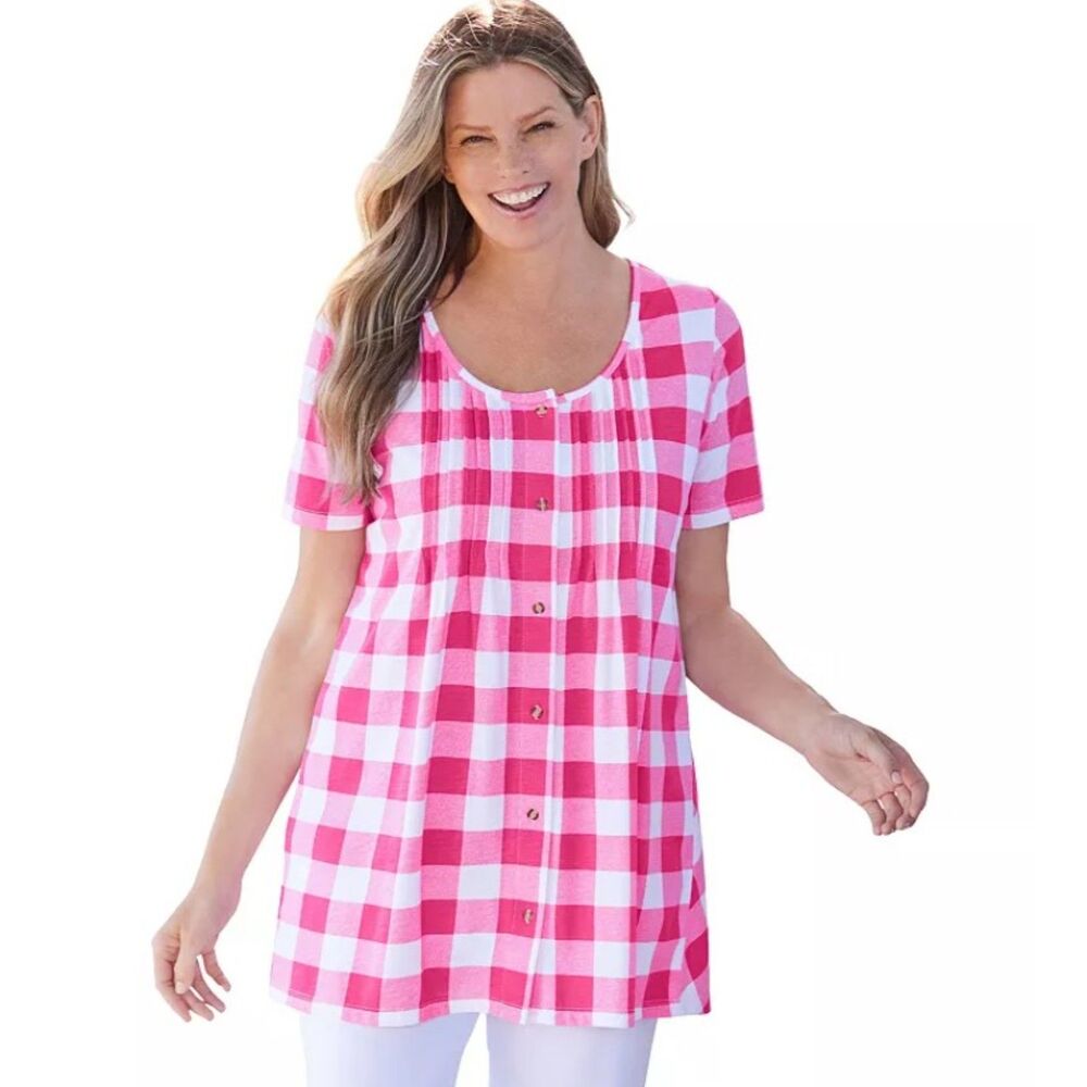 NEW Raspberry Gingham Plus 3X 30/32 Casual Wear Pintuck Tunic Shirt WOMAN WITHIN